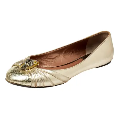 Roberto Cavalli Metallic Gold Leather Snake Head Crystal Embellished Ballet Flats Size 39.5