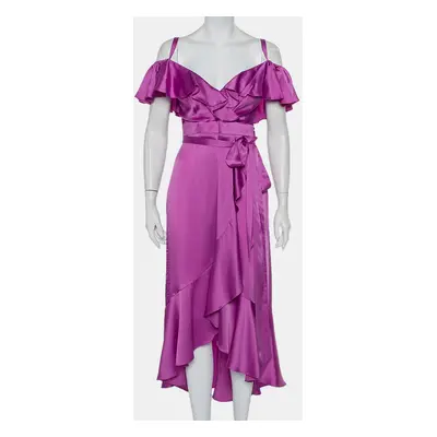 Temperley Purple Satin Ruffled Cold Shoulder Belted Faux Wrap Midi Dress