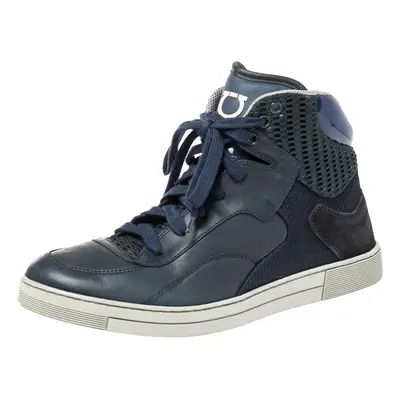 Salvatore Ferragamo Blue Leather and Mesh High Top Sneakers Size