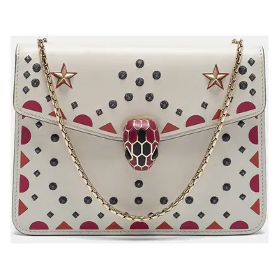 Bvlgari Off White Printed and Embroidered Leather Small Serpenti Forever Shoulder Bag