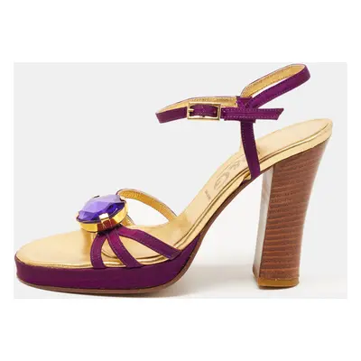 D&G Purple /Gold Leather Crystal Embellished Ankle Strap Block Heel Sandals Size