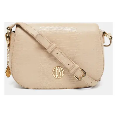 DKNY Beige Lizard Embossed Leather Logo Shoulder Bag