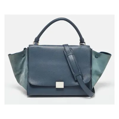 Celine Blue Leather and Suede Medium Trapeze Top Handle Bag