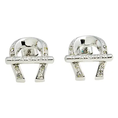 Aigner Silver Tone Crystal Logo Stud Earrings