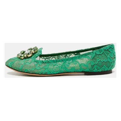 Dolce & Gabbana Green Lace Crystal Embellished Taormina Ballet Flats Size