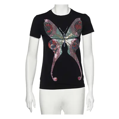 Emporio Armani Black Butterfly Print Cotton Sequins Top