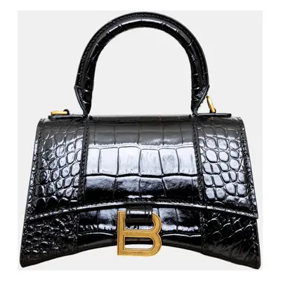 Balenciaga Black Croc Embossed Leather Hourglass Top Handle Bags