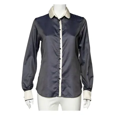 D&G Navy Blue Textured Silk Blend Contrast Trim Shirt