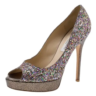 Jimmy Choo Multicolor Glitter Vibe Peep Toe Platform Pumps Size 38.5