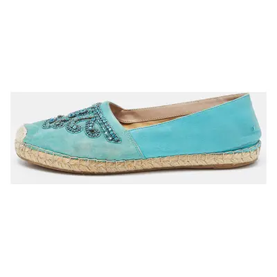 Le Silla Turquoise Suede and Leather Crystal Embellished Espadrille Flats Size