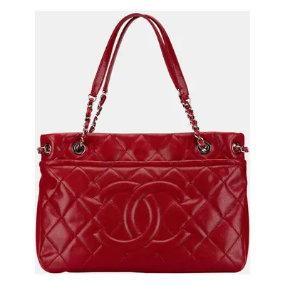 Chanel Red Quilted Caviar Soft Shopper Tote