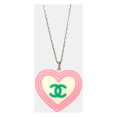 Chanel Silver White Heart Chain Necklace Pendant