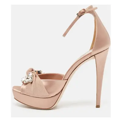 Miu Miu Beige Satin Crystal Embellished Ankle Strap Sandals Size