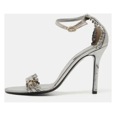 Sergio Rossi Metallic Grey Ruffle Leather Ankle Strap Sandals Size