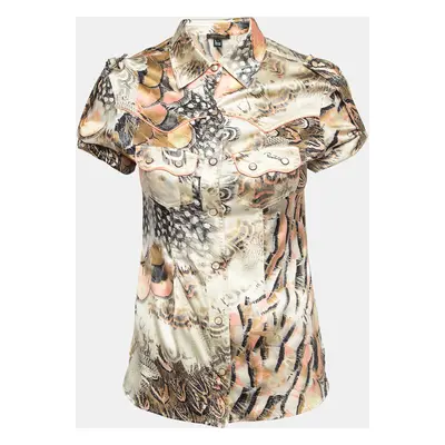 Roberto Cavalli Multicolor Printed Satin Silk Glitter Detail Shirt