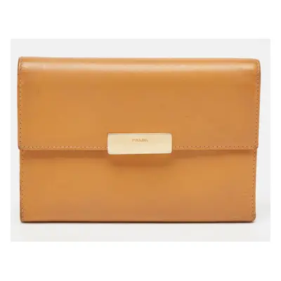 Prada Tan Leather Logo Plague Trifold Wallet