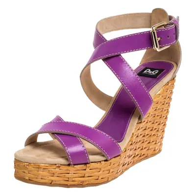 Dolce & Gabbana Purple Leather Ankle Strap Raffia Wedge Sandals Size