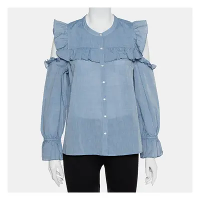 Joie Blue Cotton Cold Shoulder Ruffled Button Front Akari Top