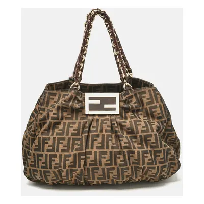 Fendi Tobacco Zucca Canvas and Patent Leather Large Mia Shoulder Bag