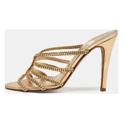 Gina Gold Crystal Embellished Leather Strappy Slide Sandals Size