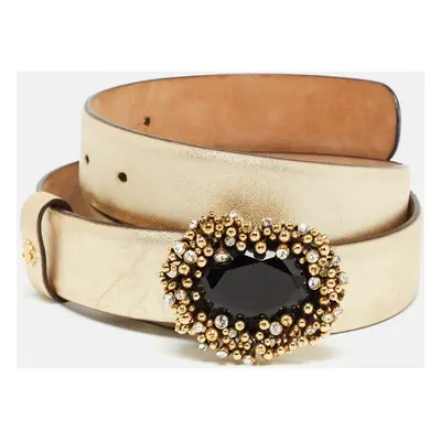 Roberto Cavalli Gold Leather Crystal Embellished Buckle Belt