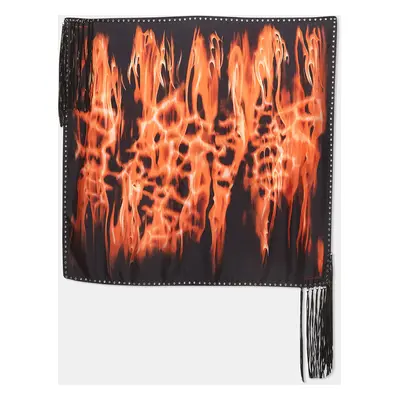 Roberto Cavalli Black Flames Print Silk Leather Fringed Scarf