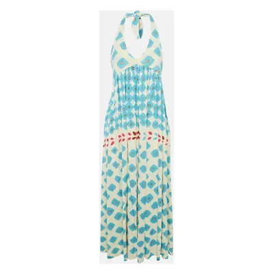 Diane Von Furstenberg Cream Printed Linen Blend Knit Halter Neck Franz Maxi Dress