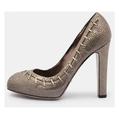 Sergio Rossi Silver/Brown Lizard Embossed Leather Embellished Pumps