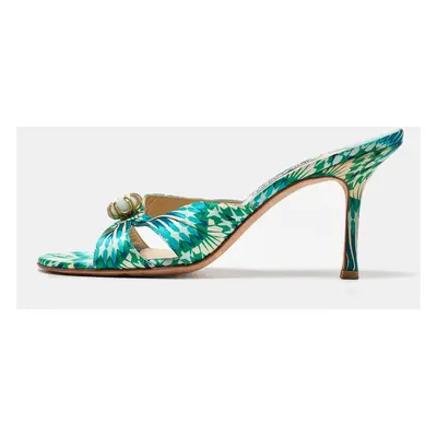 Jimmy Choo Blue/Green Satin Malachite Jewel Slide Sandals Size