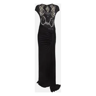 Class by Roberto Cavalli Black Printed Jersey Ruched Sleeveless Maxi Dress