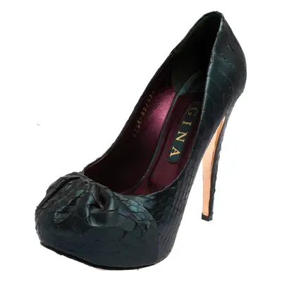 Gina Blue Python Embossed Leather Elle Platform Pumps Size 38.5