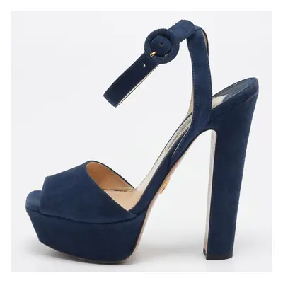 Prada Navy Blue Suede Platform Ankle Strap Sandals Size