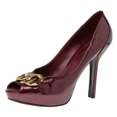 Louis Vuitton Burgundy Monogram Patent Leather Chain Detail Peep Toe Platform Pumps Size