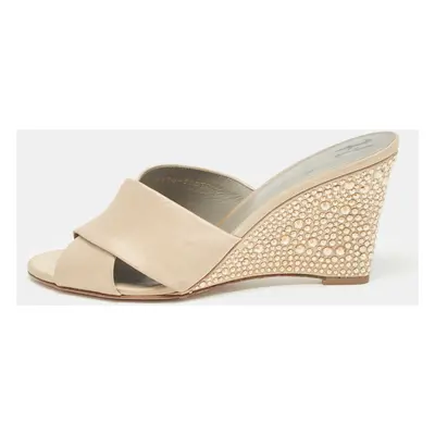 Gina Beige Satin Crystal Embellished Wedge Sandals Size