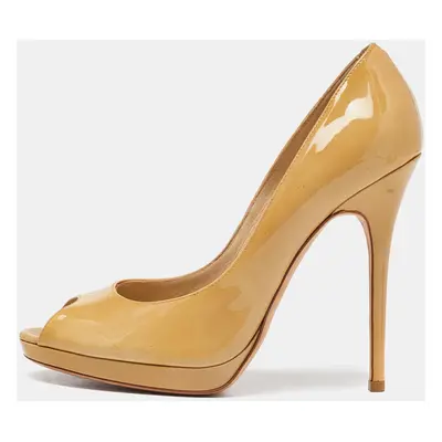 Jimmy Choo Beige Patent Leather Crown Peep Toe Pumps Size