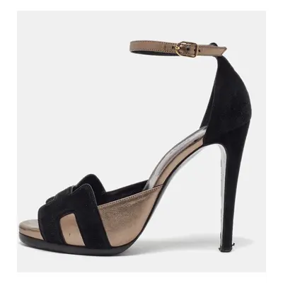 Hermes Black/Grey Leather and Suede Premiere Ankle Strap Sandals Size