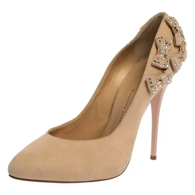 Giuseppe Zanotti Beige Suede Crystal Embellished Bow Pumps Size