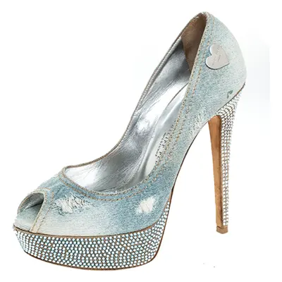 Phillip Plein Blue Crystal Embellished Distressed Denim Peep Toe Platform Pumps Size