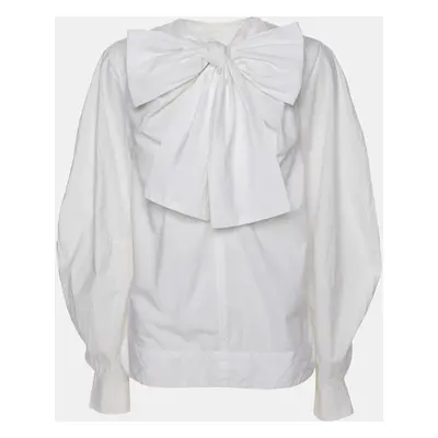 Ganni White Cotton Cropped Sleeve Bow Top