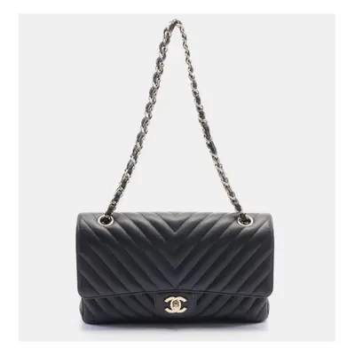 Chanel Chevron V-Stitch W-Flap Caviar Skin (Grained Calf) Black Shoulder Bag