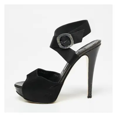 Gina Black Satin Ankle-Wrap Platform Sandals Size 38.5