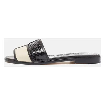 Manolo Blahnik Black/Cream Python Megacle Flat Slides Size 37.5