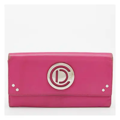 Dior Pink Leather Round Logo Flap Continental Wallet