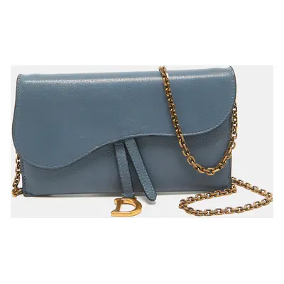 Dior Blue Leather Saddle Wallet On Chain