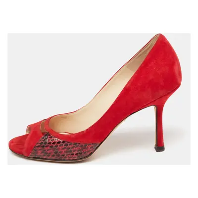 Jimmy Choo Red Suede And Snakeskin Peep Toe Pumps Size 37.5