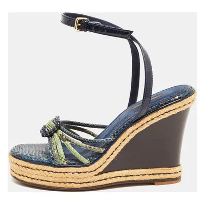 Louis Vuitton Navy Blue/Green Snakeskin and Patent Leather Wedge Strappy Sandals Size