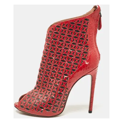 Alaia Red Laser Cut Python Peep Toe Booties Size