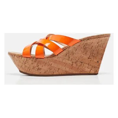 Casadei Orange Patent Leather Cork Platform Wedge Slide Sandals Size