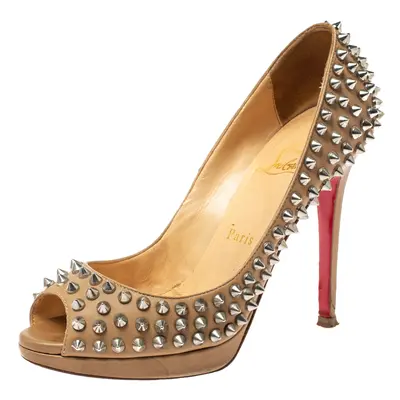 Christian Louboutin Beige Leather Yolanda Spikes Peep Toe Pumps Size 36.5