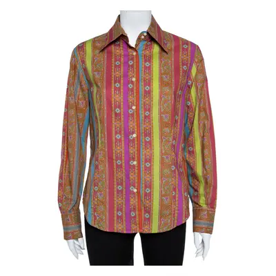 Etro Orange Cotton Floral Striped Button Front Shirt